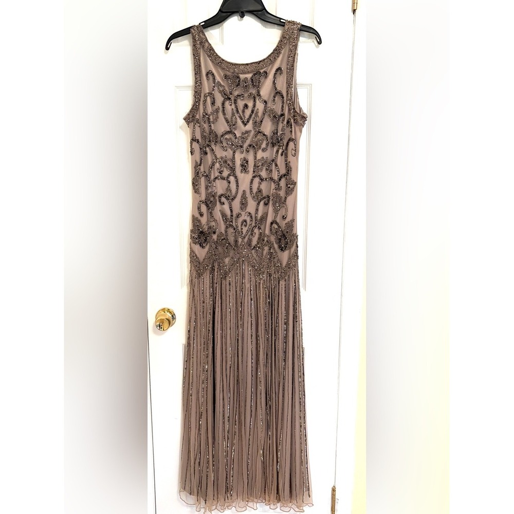 Pisarro Nights Silver Beaded Gray Mesh Evening Dress Size L